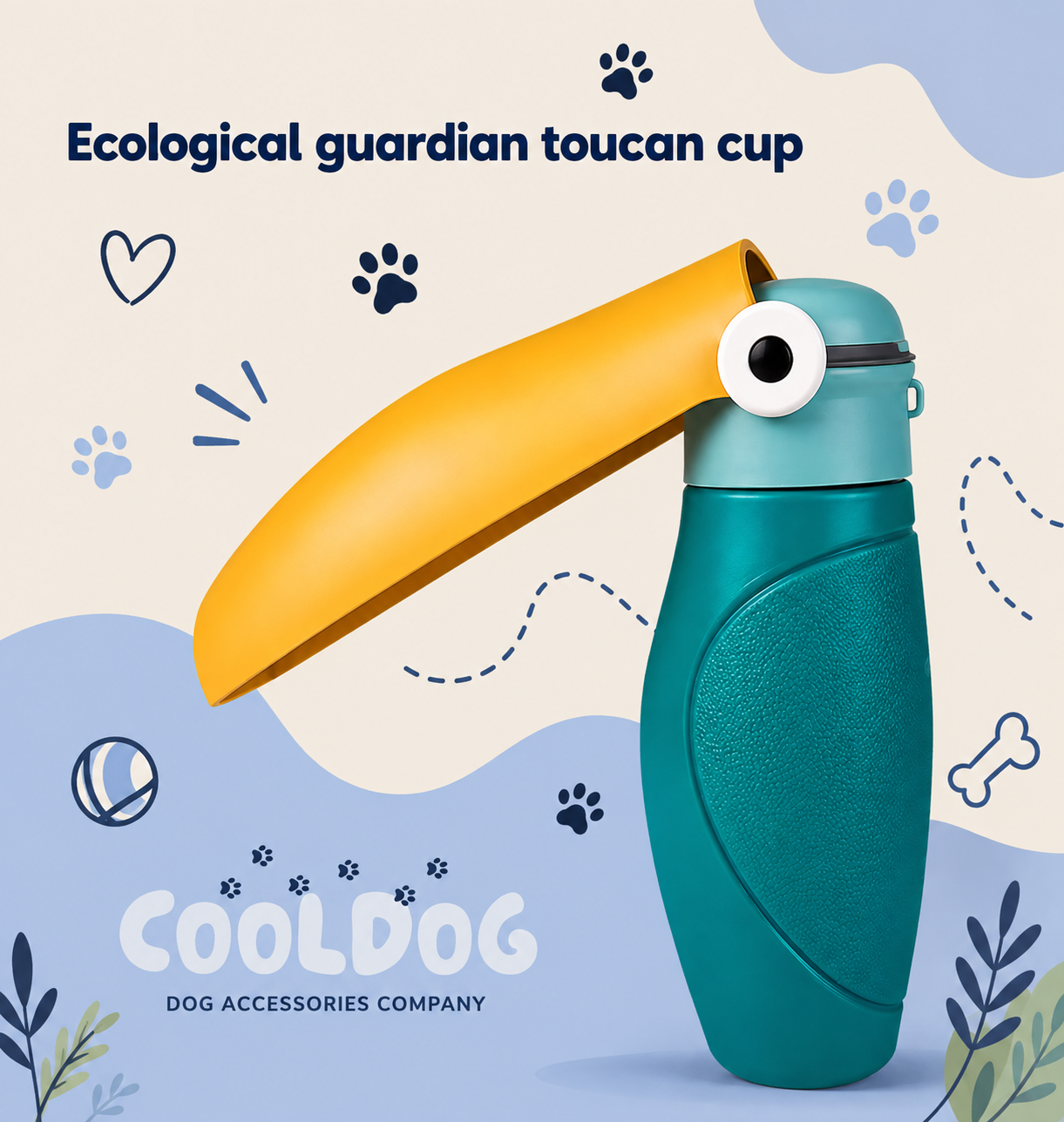 CoolDog Water Bottle in Marsh Teal, beak open