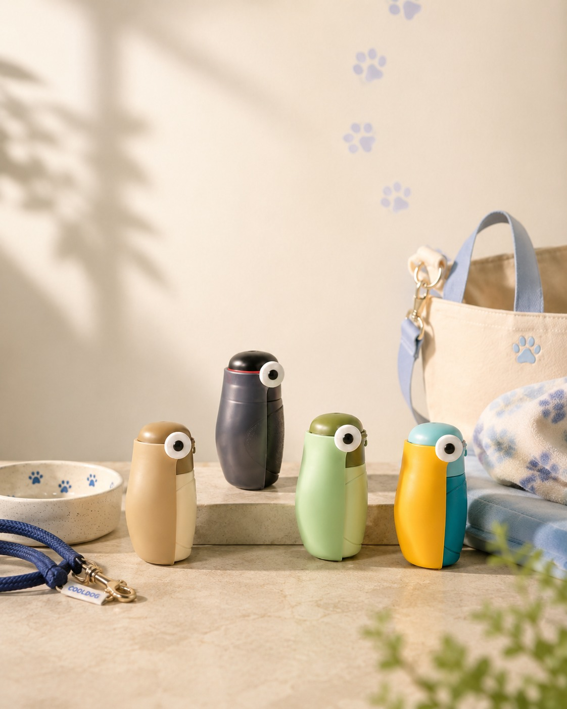 The four CoolDog Water Bottle colorways displayed together with a leash, dog bowl, and tote bag