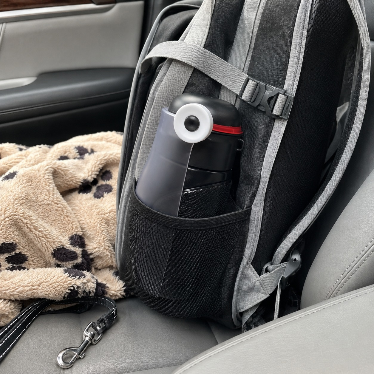 Dynamite CoolDog Water Bottle in a backpack side pocket in a car