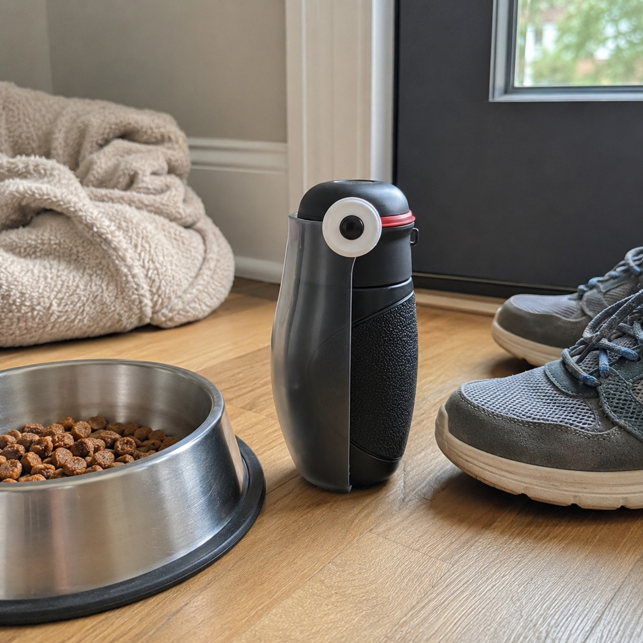 Dynamite CoolDog Water Bottle by the front door next to a food bowl and shoes