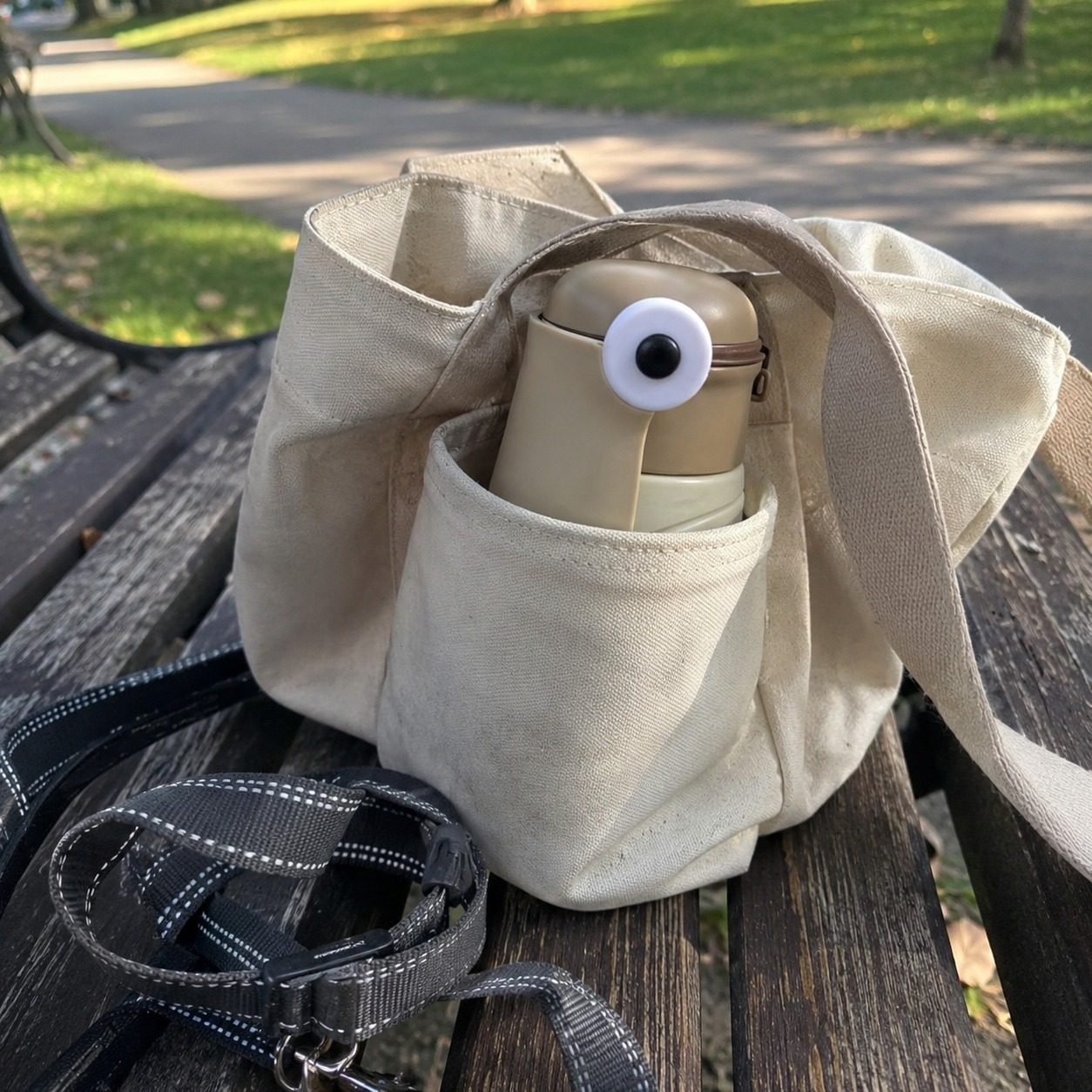 Sandstone CoolDog Water Bottle in a canvas tote bag on a park bench
