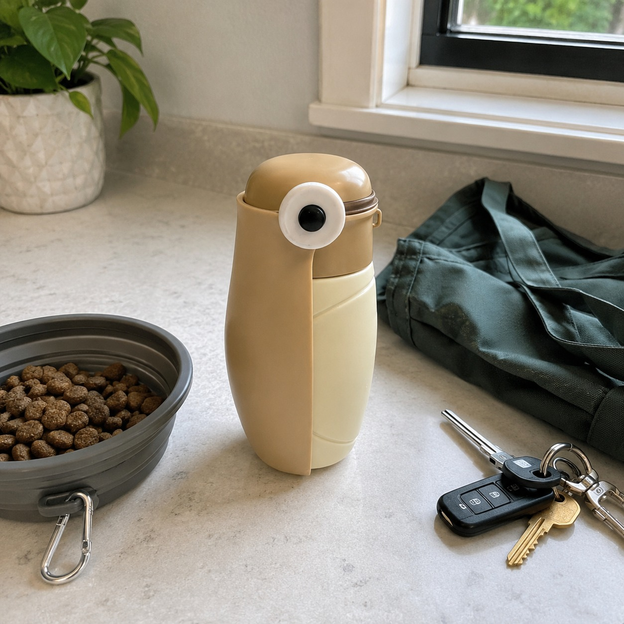 Sandstone CoolDog Water Bottle on a kitchen counter next to keys