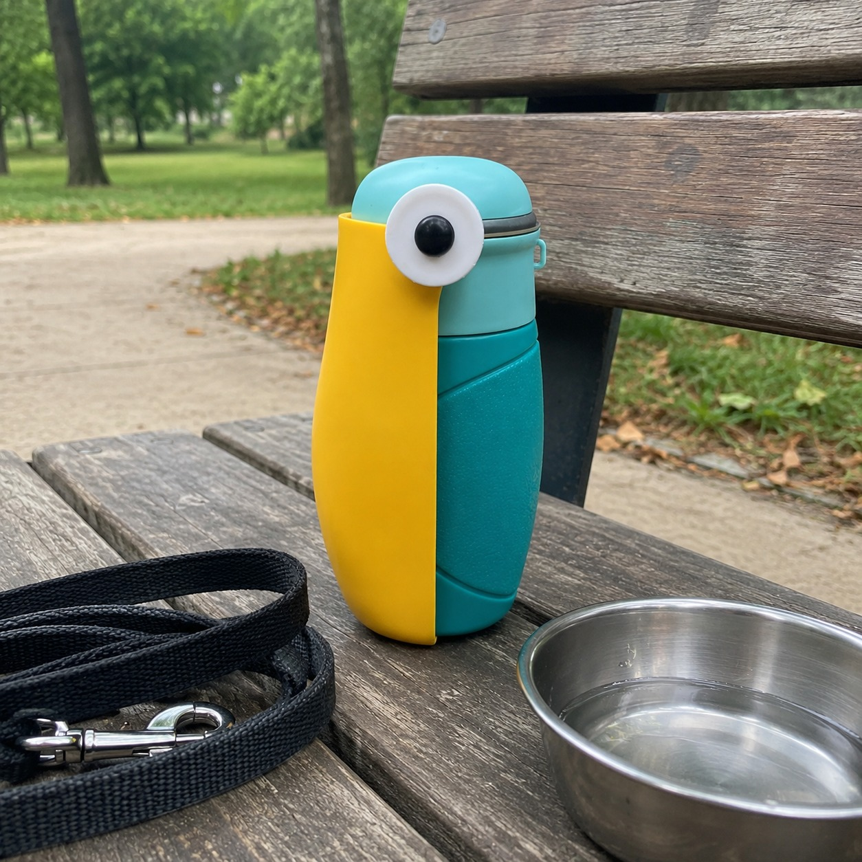 Marsh Teal CoolDog Water Bottle on a park bench with a leash and water bowl